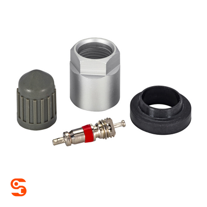 TPMS service kit with metal valve core, silver nut, black rubber grommet, and gray cap on white background