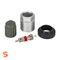 TPMS service kit with metal valve core, silver nut, black rubber grommet, and gray cap on white background