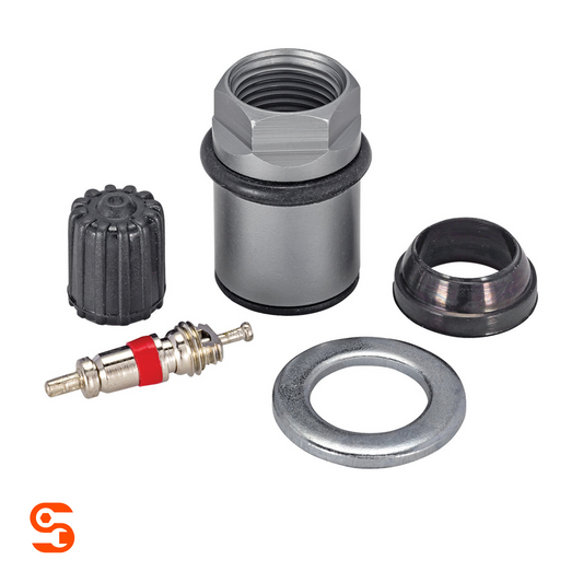 TPMS service kit with metal valve stem, cap, threaded nut, rubber seal, and silver washer