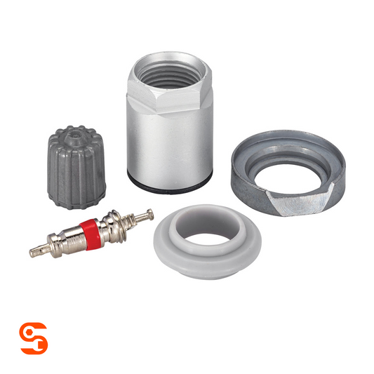 TPMS service kit with metal valve stem, cap, nut, washer, and gray rubber seal on white background