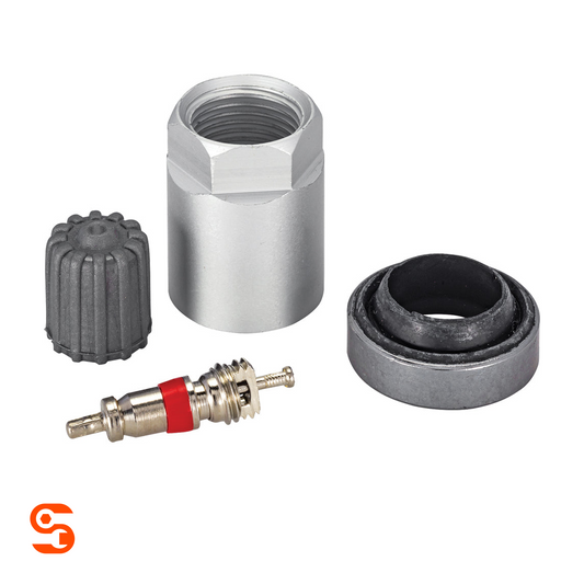 TPMS service kit with metal valve stem parts, threaded silver nut, black cap, and rubber seal on white background