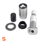 TPMS snap-in valve kit with silver metal stem, collar, washer, black cap, and rubber seal on white background