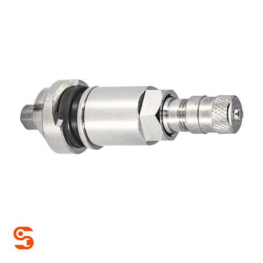 Chrome metal TPMS valve with black rubber seal, hex nut, knurled cap, and T10 screw end
