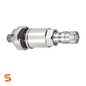 Chrome metal TPMS valve with black rubber seal, hex nut, knurled cap, and T10 screw end