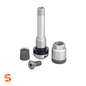 Silver TPMS long valve stem kit with cap, screw, and metal collar components on white background