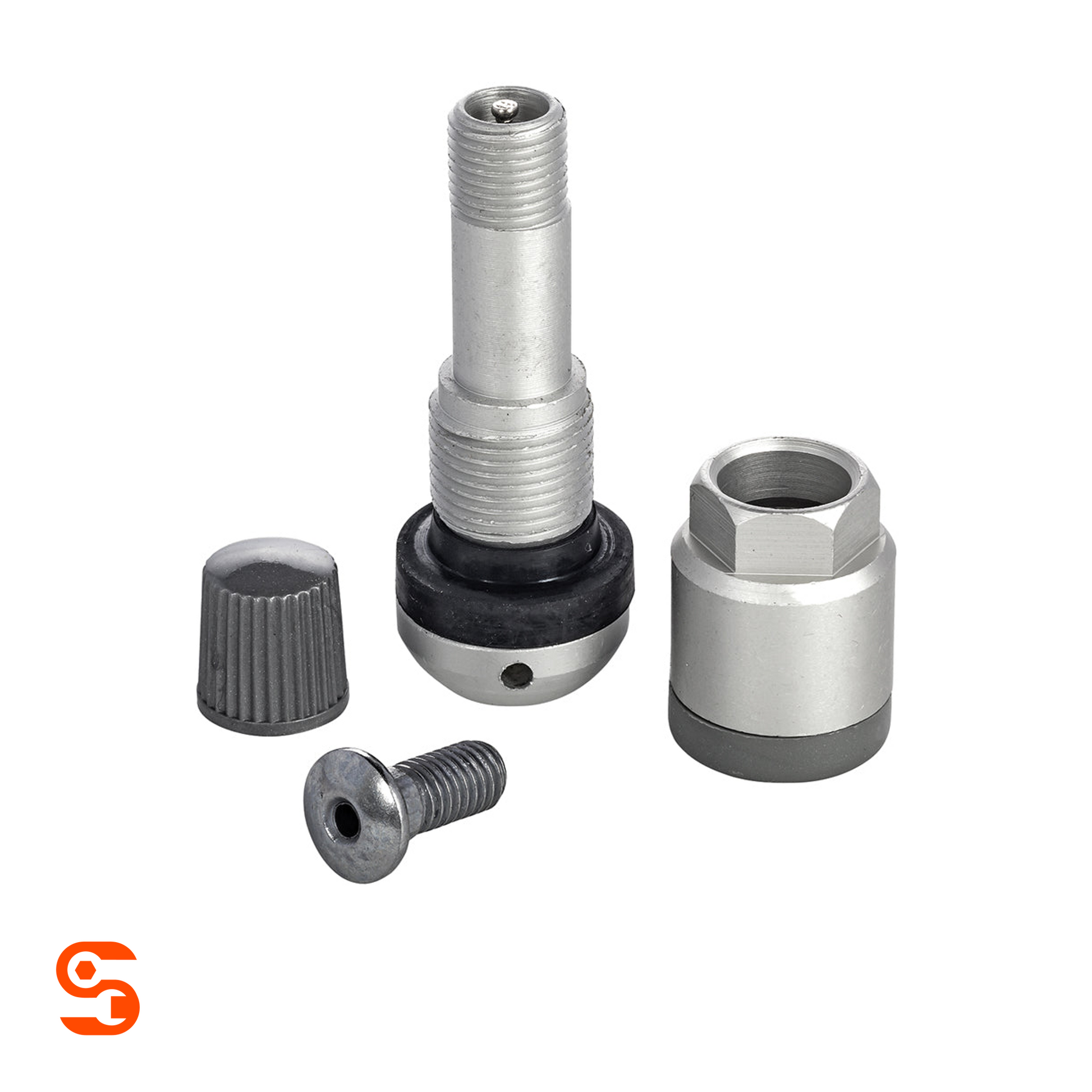 Silver TPMS short valve stem kit with metal valve, hex nut, screw, black seal, and grey cap