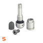 Silver metal TPMS valve kit with Mercedes-style valve stem, hex nut, screw, black seal, and black cap