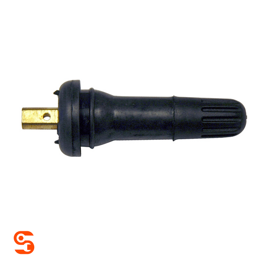 Black rubber snap-in TPMS valve with brass stem and ribbed cap end