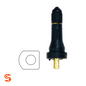 Black rubber TPMS valve with brass stem and black retaining nut, shown with a small valve seal beside it