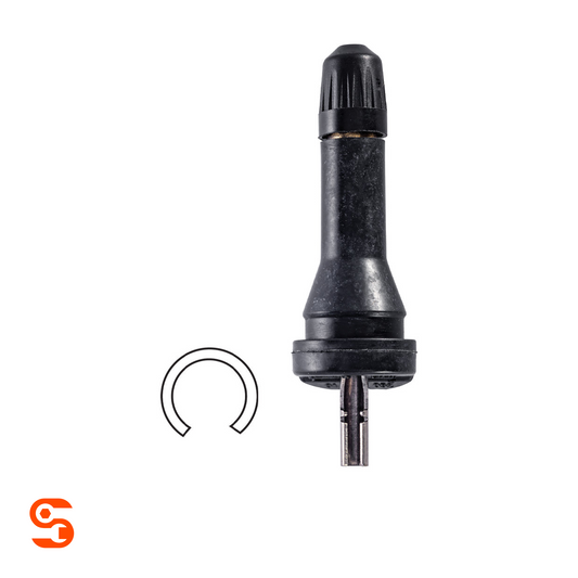 Black rubber snap-in TPMS replacement valve stem with ribbed cap and retaining ring