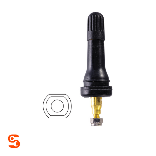 Black rubber snap-in TPMS replacement valve with brass stem, silver nut, and black gasket ring