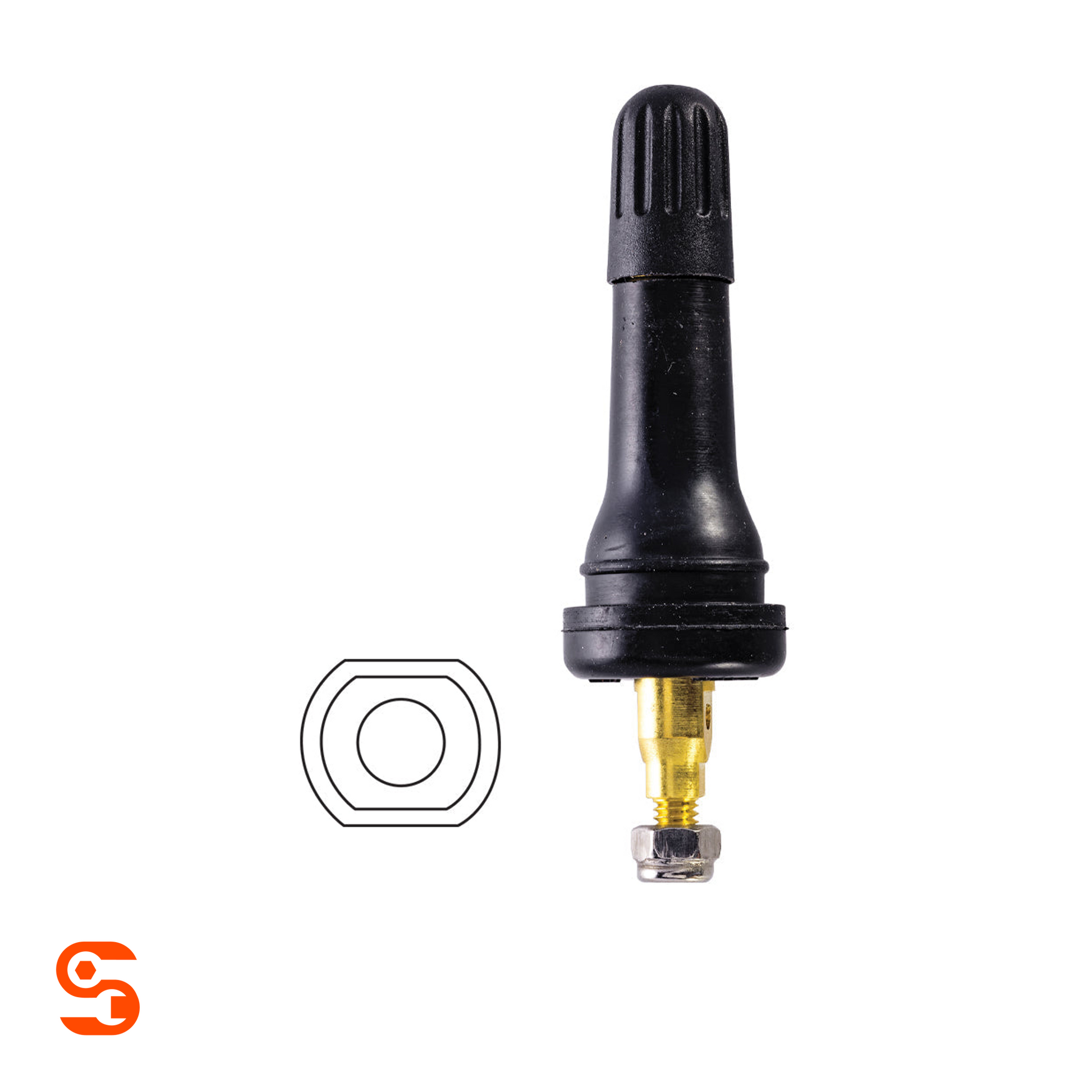 Black rubber snap-in TPMS replacement valve with brass stem, silver nut, and black gasket ring