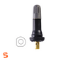Black TPMS Schrader valve stem with grey cap, brass base, and black rubber sealing grommet accessory