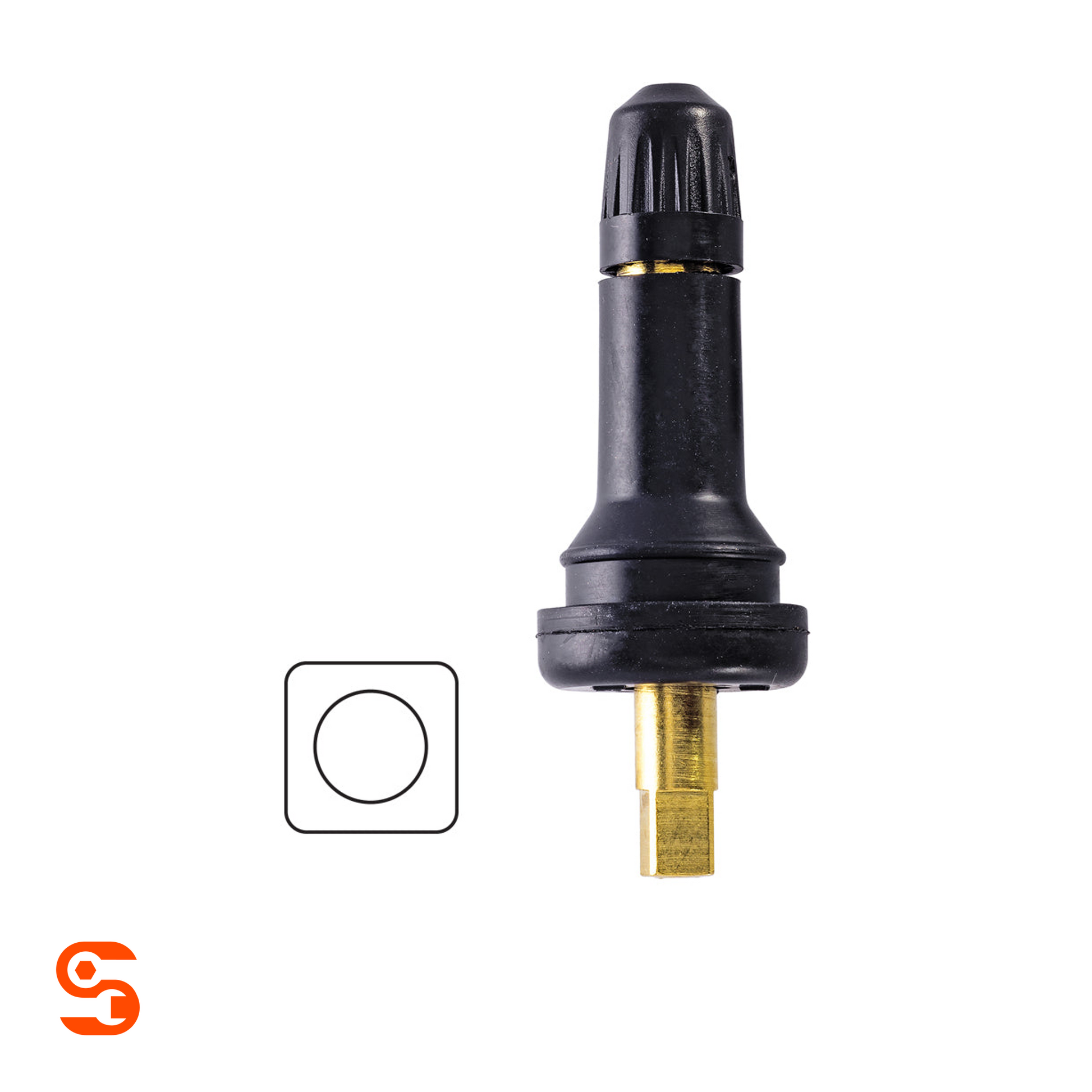 Black snap-in TPMS replacement valve with brass stem and valve core, plus seal icon on white background