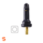 Black snap-in TPMS replacement valve with brass stem and valve core, plus seal icon on white background