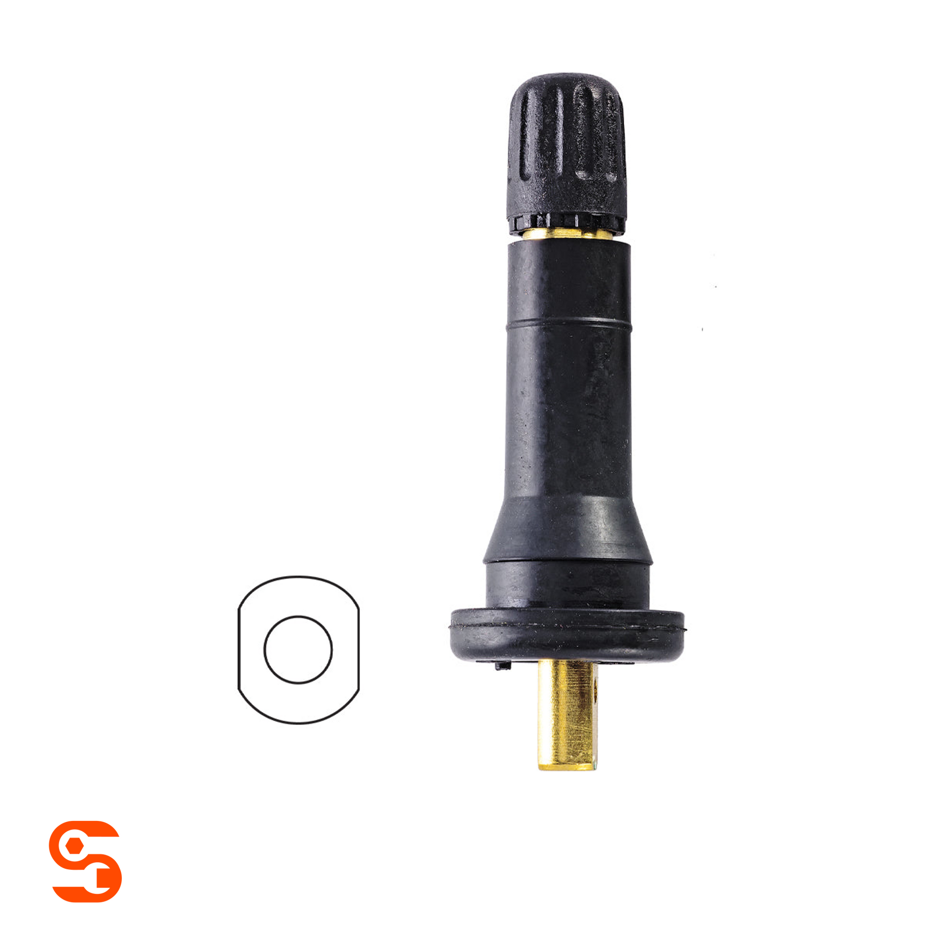 Black rubber snap-in TPMS replacement valve with gold metal stem and separate seal diagram