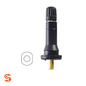 Black rubber snap-in TPMS replacement valve with gold metal stem and separate seal diagram