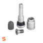 Silver TPMS Sprinter valve stem kit with cap, nut, rubber seal, and screw on white background