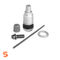 Silver TPMS valve kit with metal valve stem, cap, screw, rod, and washer components