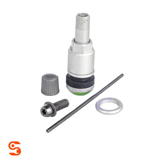 Green Huf/Beru Gen I TPMS valve kit with metal stem, cap, screw, washer, and long pin for BMW