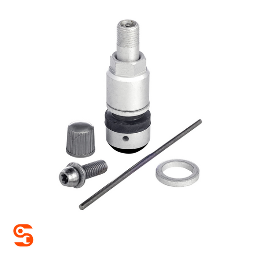 Black and silver Huf/Beru Gen I TPMS valve kit with valve stem, cap, screw, pin, and washer