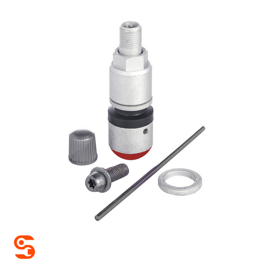 Orange TPMS valve kit with metal valve stem, cap, screw, pin, and washer for Huf/Beru Gen I sensors