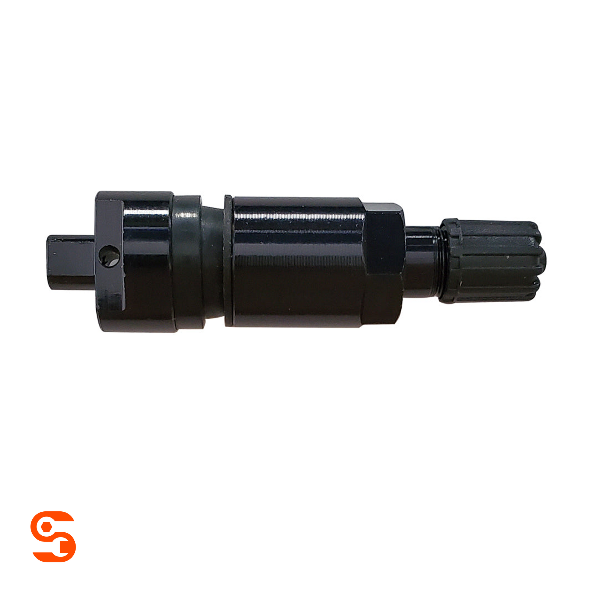 Black aluminum TPMS valve with T10 screw port and ribbed cap on a white background