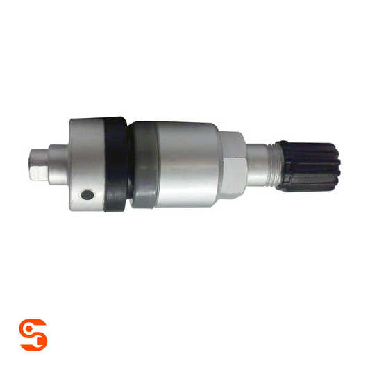 Brushed aluminum TPMS valve with black ribbed cap, threaded stem, hex nut, and T10 screw end