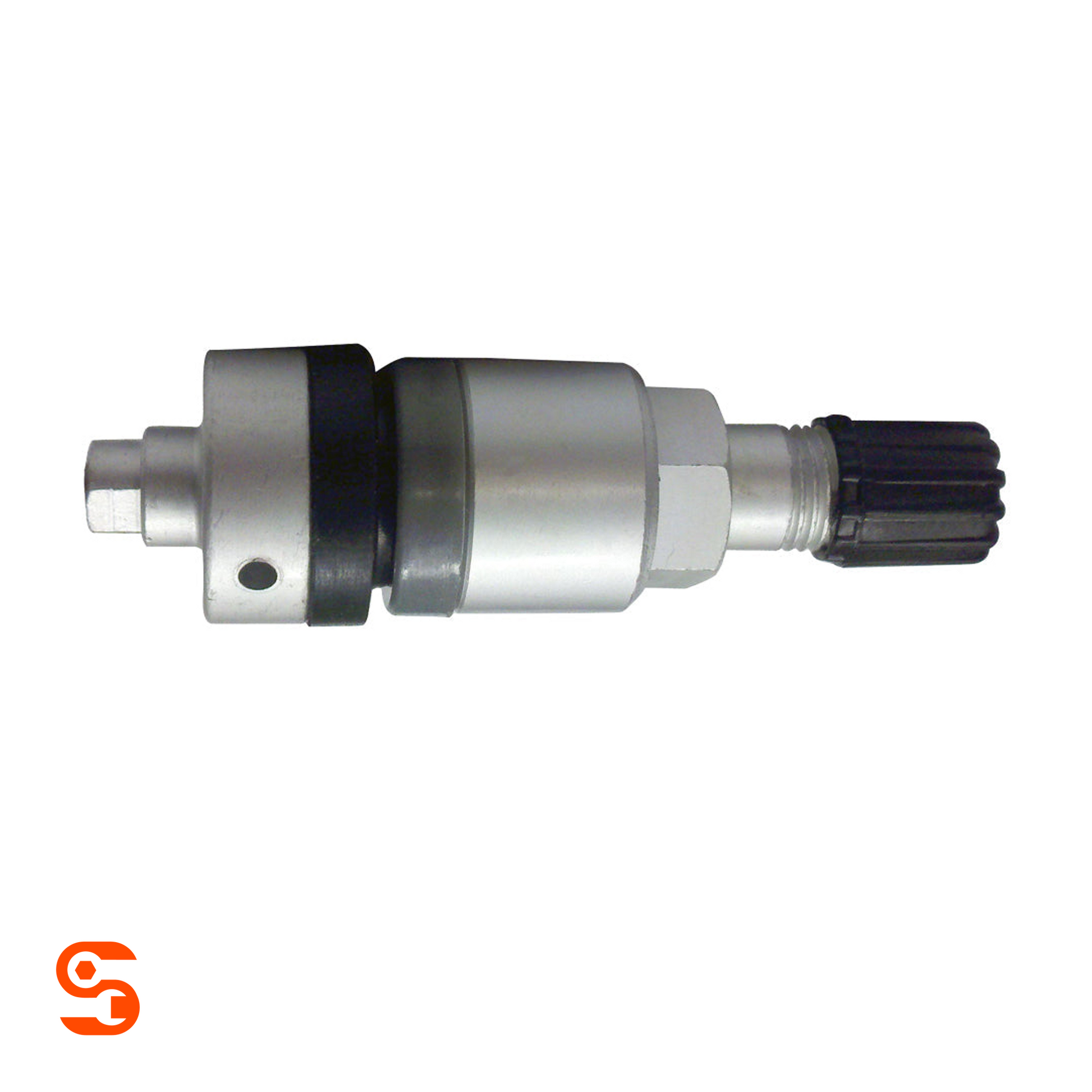 Brushed aluminum TPMS valve with black ribbed cap, threaded stem, hex nut, and T10 screw end