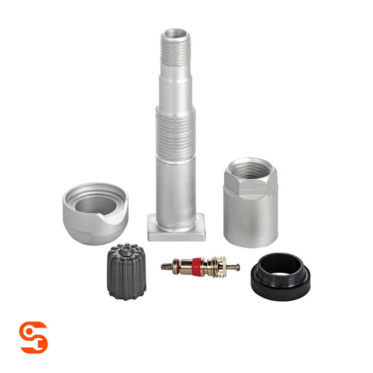 Silver metal TPMS valve kit with stem, cap, nut, rubber seal and valve core on white background