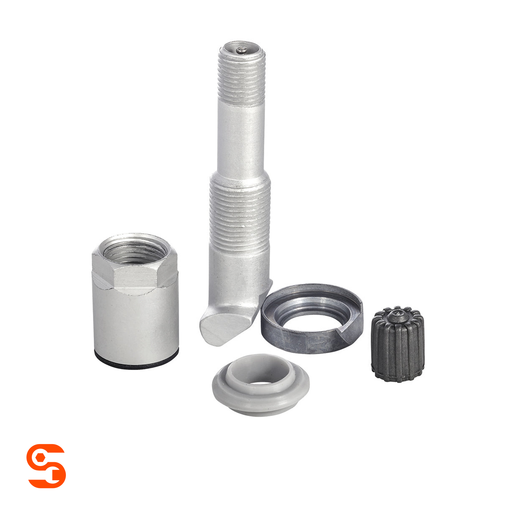 Silver metal adjustable TPMS valve kit with threaded stem, nut, grommet, cap, and collar