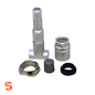 Metal clamp-in TPMS valve kit with silver stem, nut, sleeve, black seal, and gray cap on white background