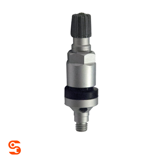 Silver TPMS valve stem with black rubber band, ribbed black cap, hex nut, and threaded base