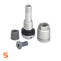 Silver metal TPMS valve kit with threaded stem, hex nut, black seal, grey cap, and screw components