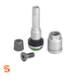Green metal TPMS valve kit with valve stem, nut, screw, and gray cap for BMW Huf/Beru Gen II style
