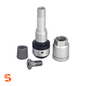 Black and silver metal TPMS valve kit with stem, cap, screw, and valve nut set