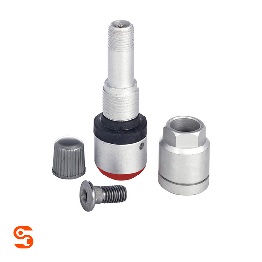 Silver metal Huf/Beru Gen II TPMS valve kit with orange base, cap, screw, and valve nut for BMW