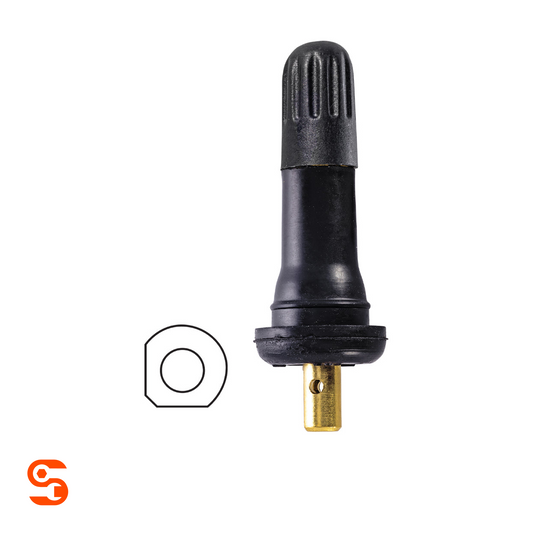 Black rubber snap-in TPMS valve with brass stem and separate diamond-shaped gasket on white background