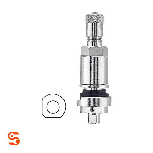 Silver metal clamp-in TPMS valve stem with knurled cap, black gasket, and diamond-shaped valve diagram
