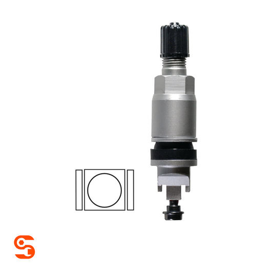 Metal clamp-in TPMS replacement valve with silver metal body, black cap and small gasket diagram