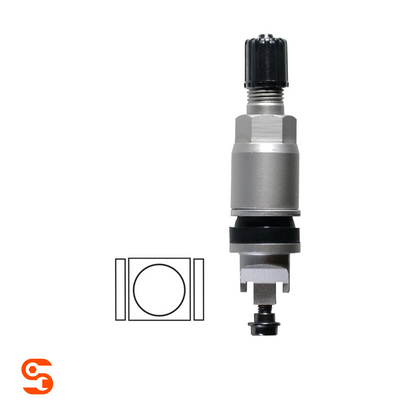Metal clamp-in TPMS replacement valve with silver metal body, black cap and small gasket diagram