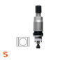 Metal clamp-in TPMS replacement valve with silver metal body, black cap and small gasket diagram