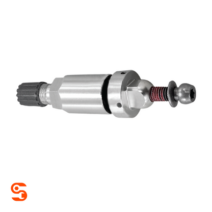 Silver metal TPMS replacement valve with black end cap, washer, and threaded screw