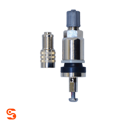 Chrome TPMS valve stem with black seal, gray cap, screw, and separate metal adapter fitting
