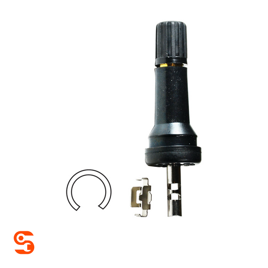 Black rubber TPMS valve kit with metal locking clip and circular seal for Nissan