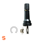 Black rubber TPMS valve kit with metal locking clip and circular seal for Nissan