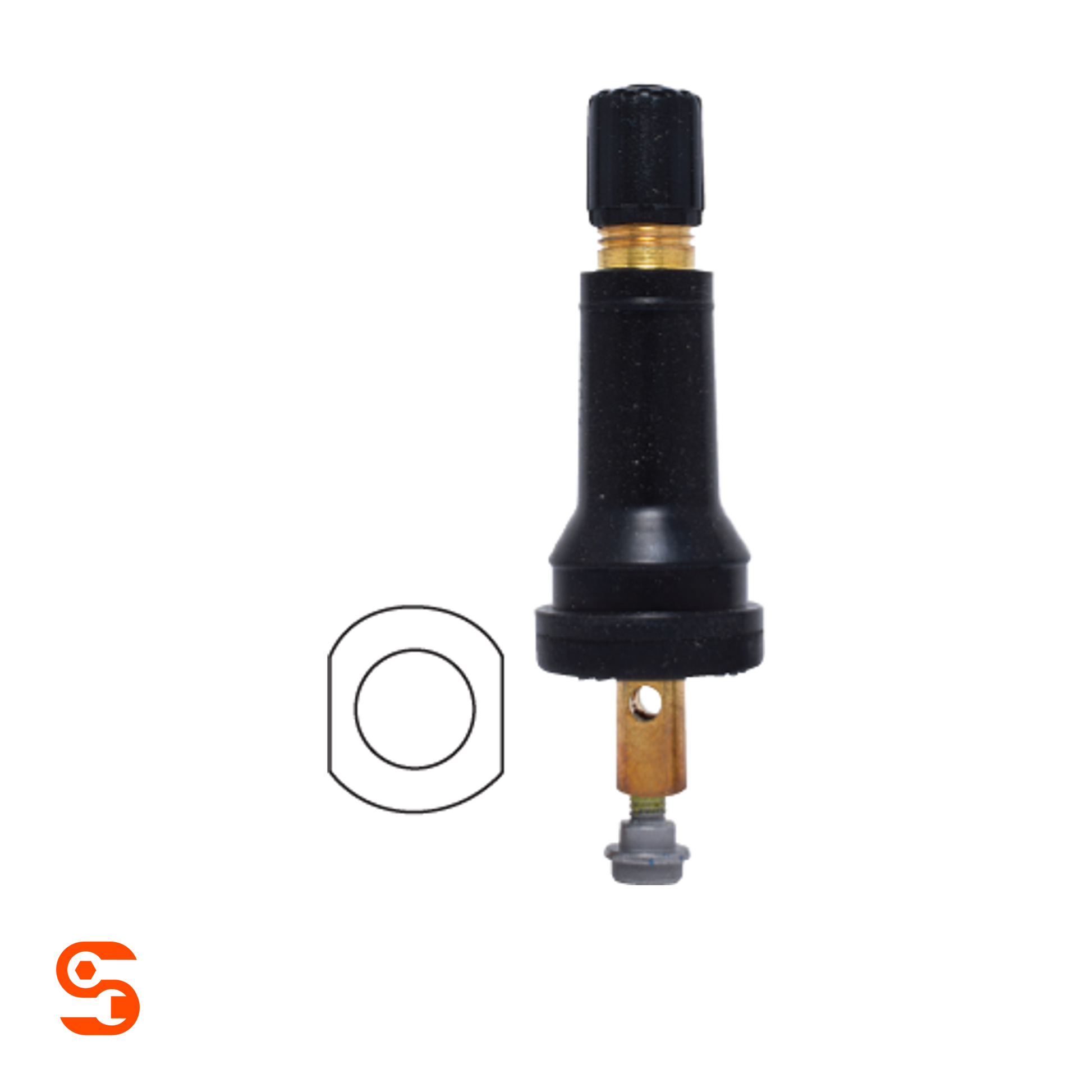 Black rubber Toyota TPMS valve kit with brass stem, grey cap, and illustrated seal washer