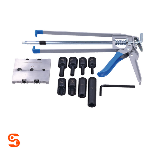 Pipe connector insertion tool with metal lever frame, blue grips, die plate, black adapters, and hex key
