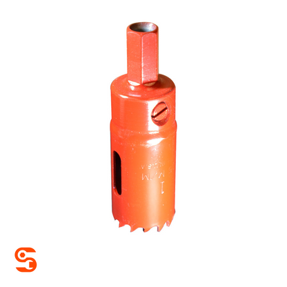 Orange 1-inch metal hole saw with arbor, side slot, set screw, and toothed cutting edge