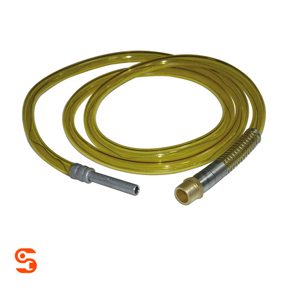 Yellow translucent steel fuel hose assembly with coiled tubing, metal nozzle, and threaded connector